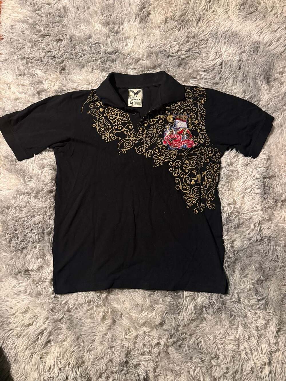 Avirex Avirex Mens Polo Shirt L Black King Embroidered Gold Cotton Y2K
